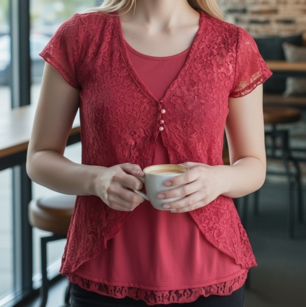Rue21 Red Lace Blouse Y2K with Short Ruffle Sleeves Romantic Vintage Medium
